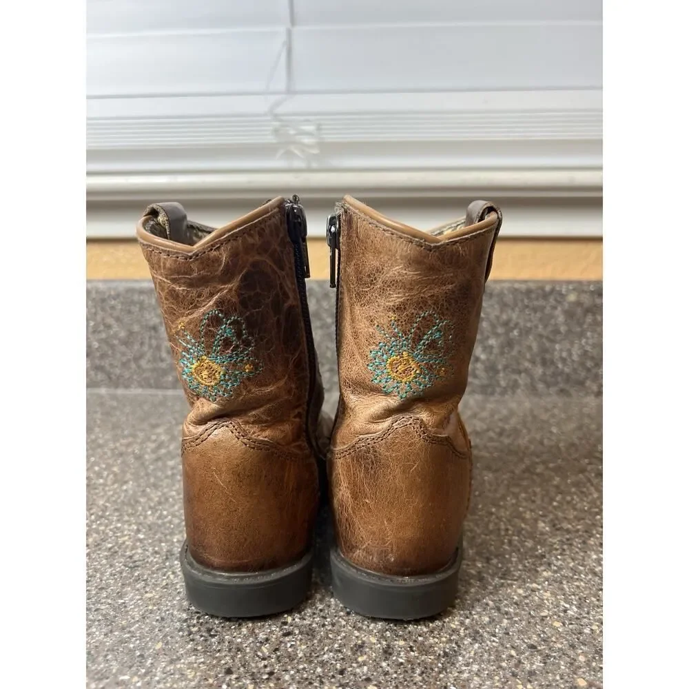 Shyanne Toddler Little Girls Sz 7D Knee High Brown Leather Embroidered Zip Boots